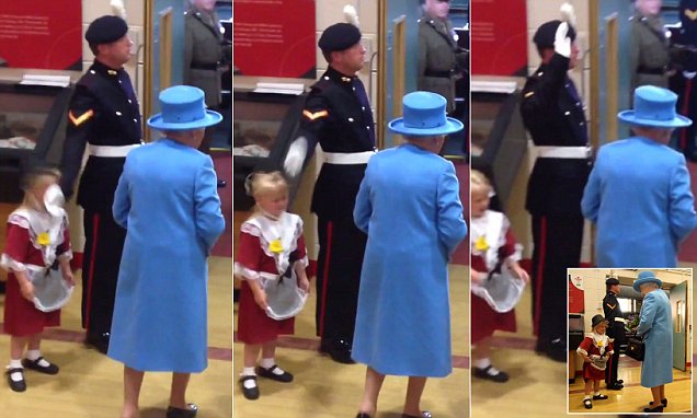 Guard salutes slaps a little girls face when queen passes by Ruth Mosalski ?@ruthmosalski Maisie's big moment.