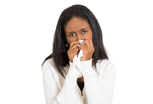 sick young woman with allergy, germs, cold, blowing nose